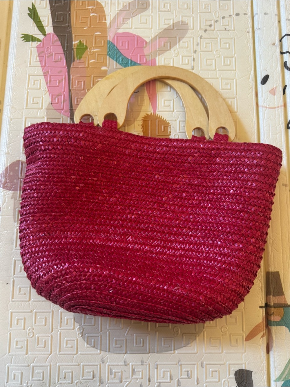 Faded glory Wood-Handle Pink Woven Tote Bag